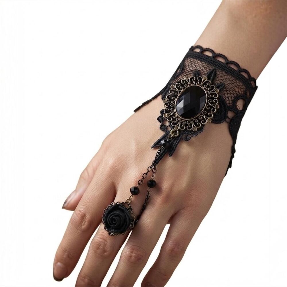 Gothic Victorian Lace Slave Bracelet with Black Rose & Gemstone